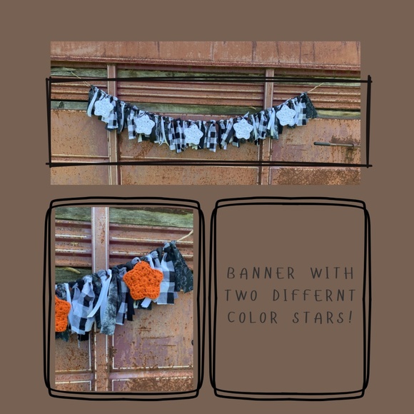 Hand Crafted Other - Black & White Farmhouse Garland with Buffalo Plaid and 2 sets of Crochet Stars